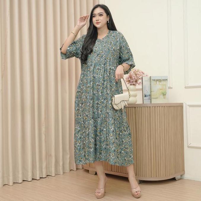 Dress Susun Belva Rayon Premium Resleting Lengan Rempel Jumbo Ld 120 Cm Busui Bumil Dester Dress Rum