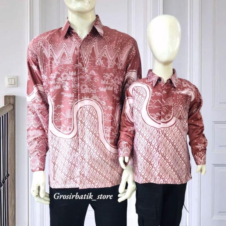 BAJU KEMEJA BATIK SILKY PAKAI FURING/BATIK COUPLE AYAH DAN ANAK PREMIUM WARNA PINK ROSE GOLD