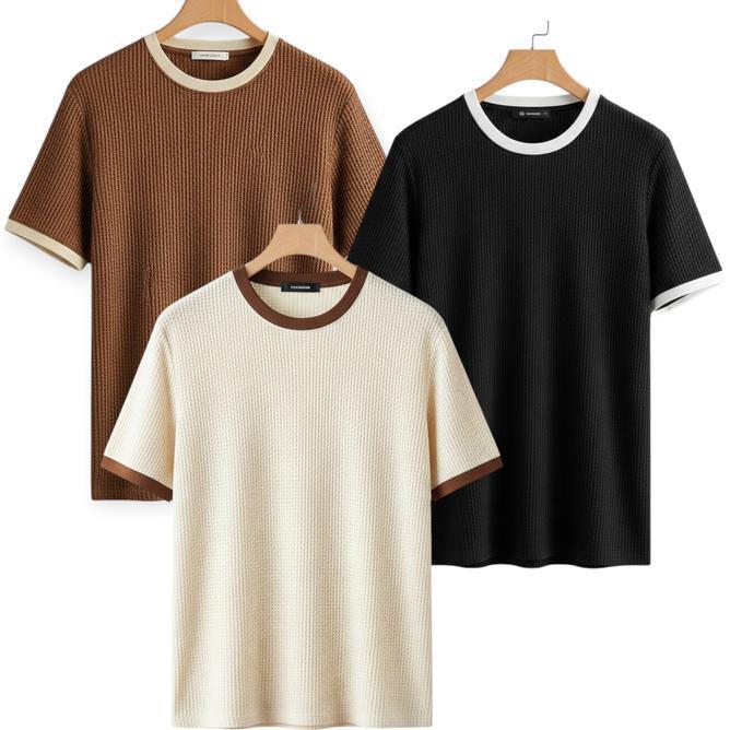 Bajua Paket 3 Pcs Kaos Waffle Lengan Pendek Reguler Tshirt Bahan Waffle Keren Polos Pria