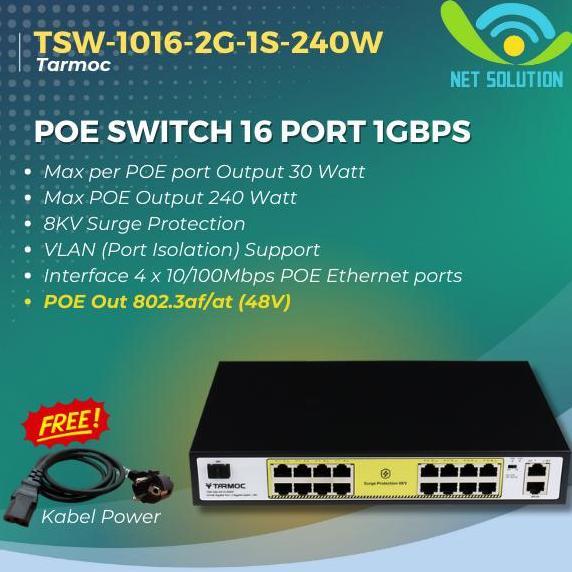 Tarmoc TSW-1016-2G-240W 16 Port Gigabit POE 802.3af/at POE Switch 240W