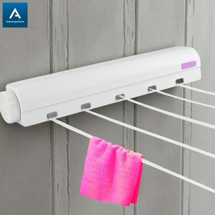Jemuran Baju Dinding Tempel Lipat Gantungan Baju Praktis Tali Gulung