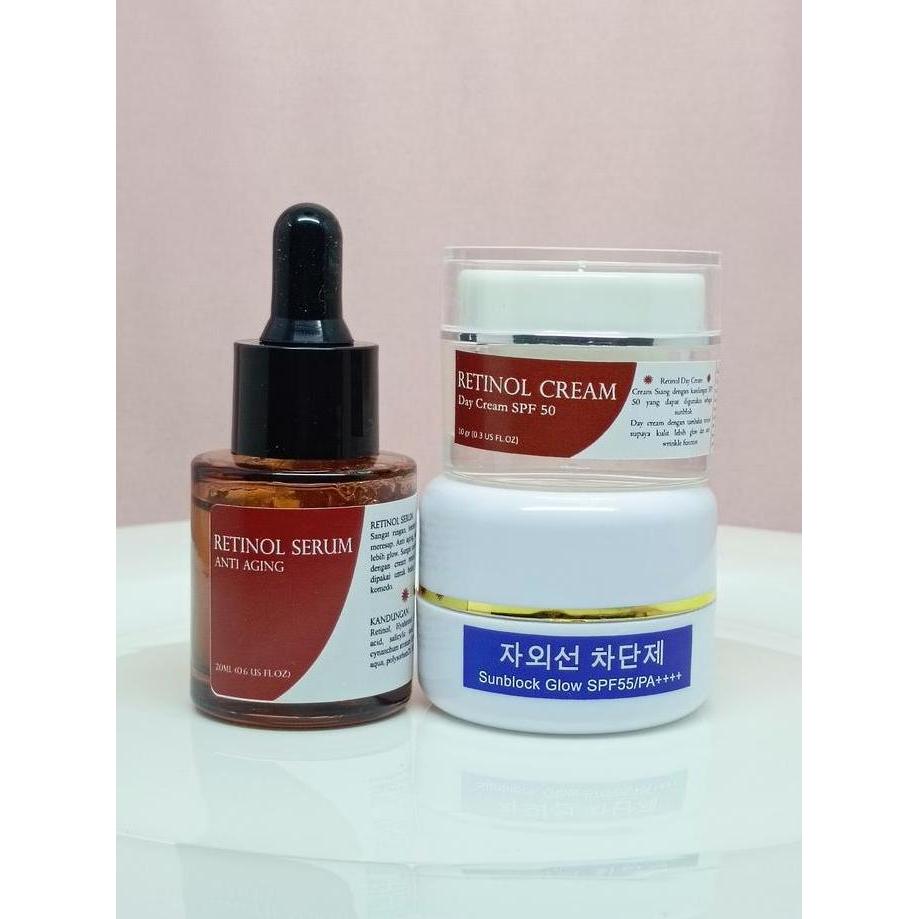 PAKET RETINOL DAY 3 IN 1 Penghilang Flek Hitam Membandel ( Serum Retinol, Retinol Day Cream, Sunbloc