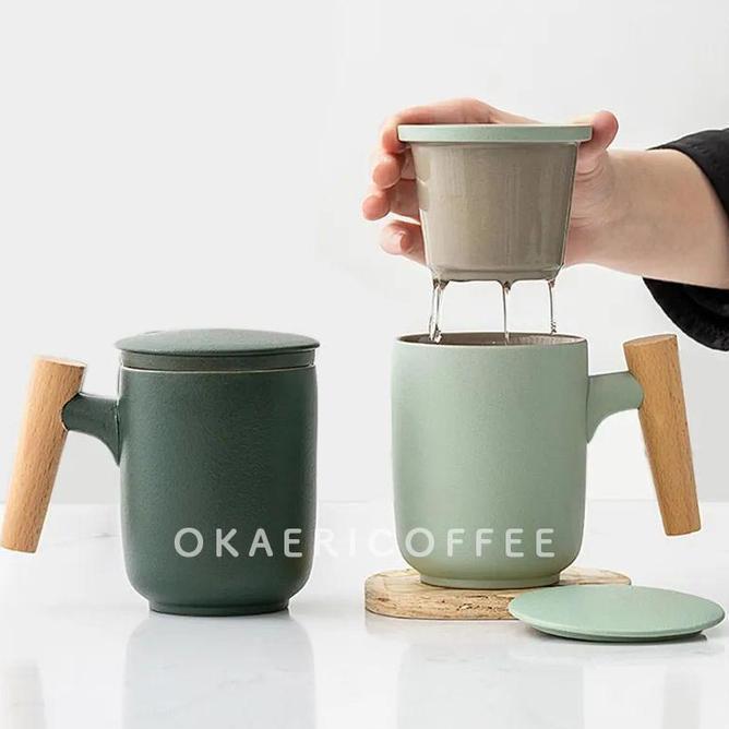 Okaericoffee Ceramic Tea Infuser Cup Lid Gelas Mug Keramik Saringan Tutup