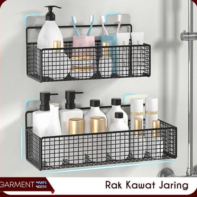 Rak Keranjang Jaring Kotak Gantung Kamar Mandi Sabun Besi Tempat Deterjen Tempel Tanpa Bor