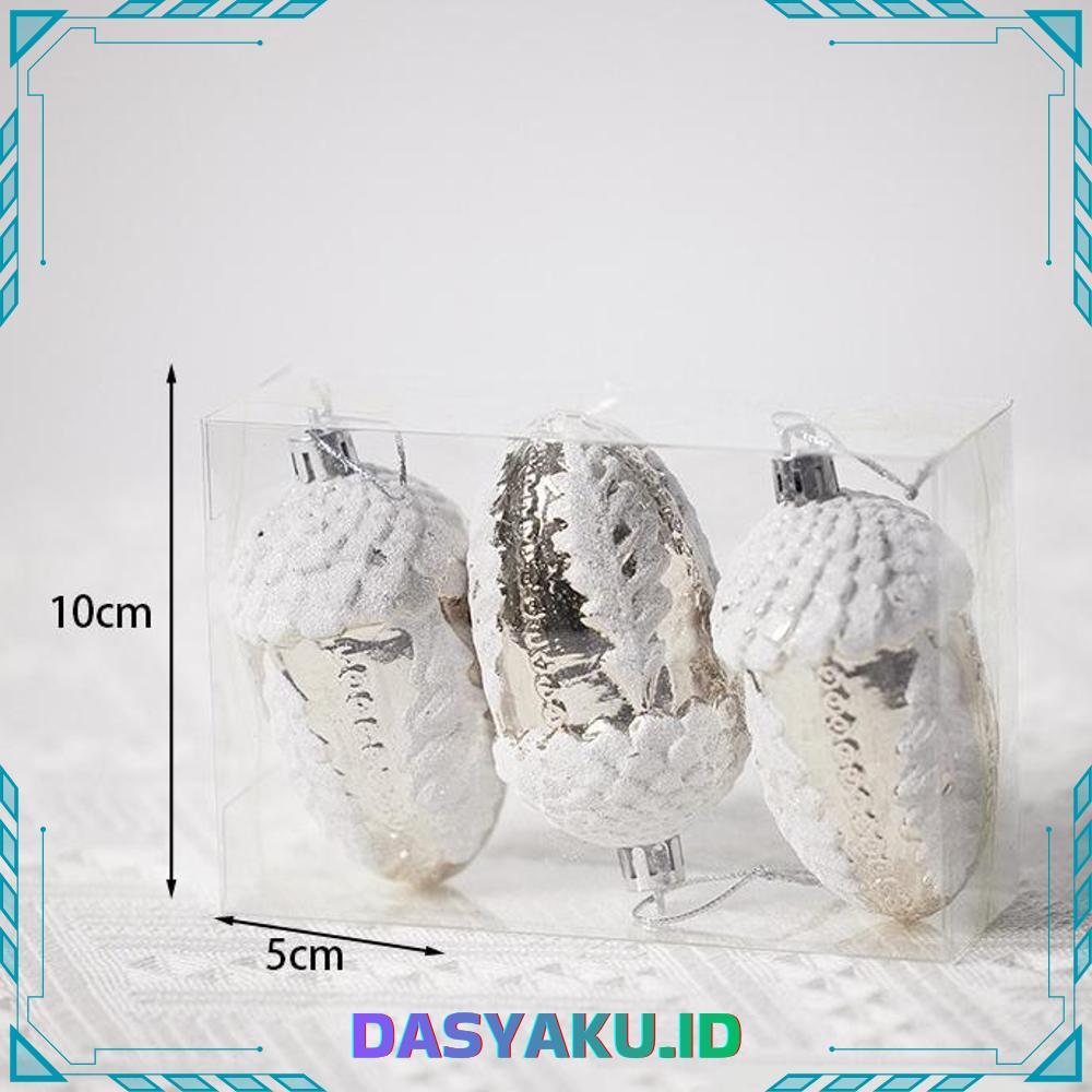 3pcs Hiasan Natal Silver Acorn Biji Pohon Ek ornamen Gantungan Pohon Natal Dekorasi Christmas Tree -