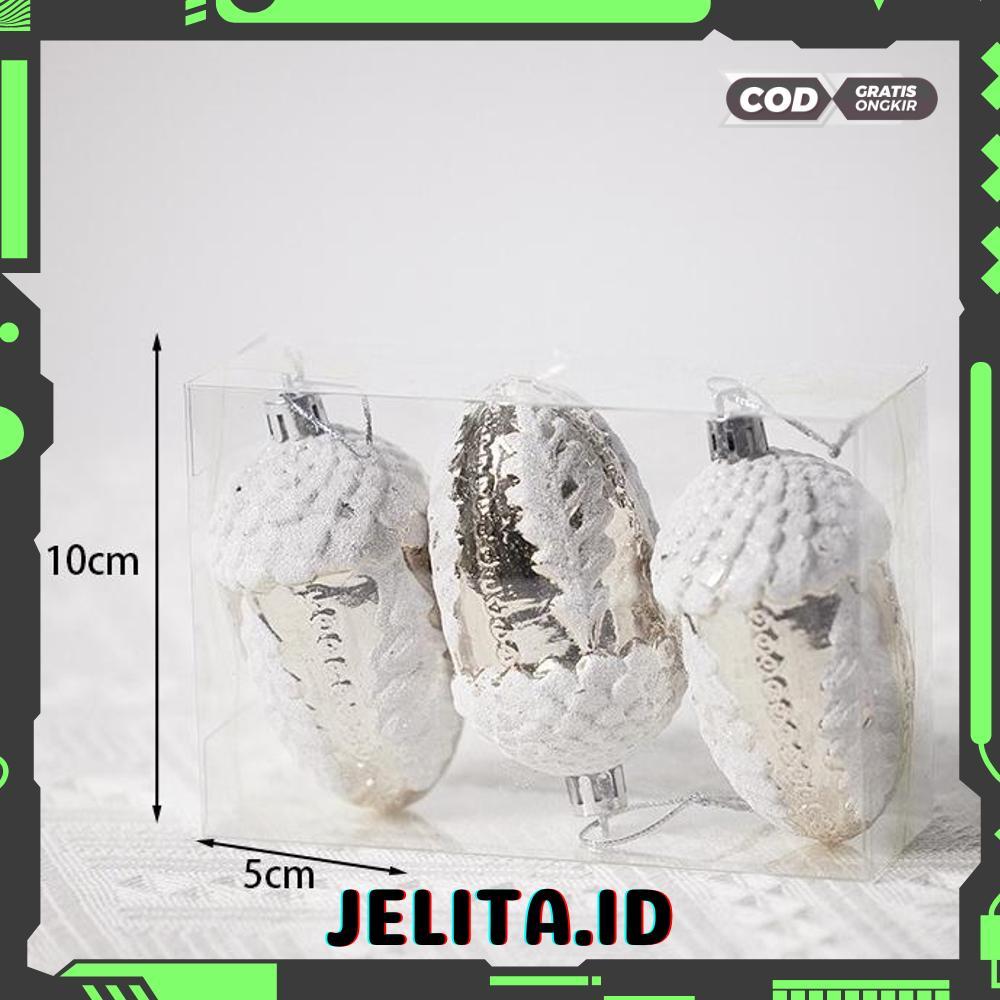 3pcs Hiasan Natal Silver Acorn Biji Pohon Ek ornamen Gantungan Pohon Natal Dekorasi Christmas Tree -