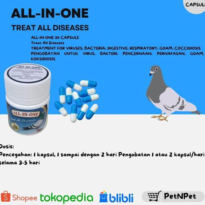 OBAT BURUNG ALL-IN-ONE DISEASES 30 CAPSULE MENGOBATI SEGALA PENYAKIT/VIRUS BURUNG MERPATI