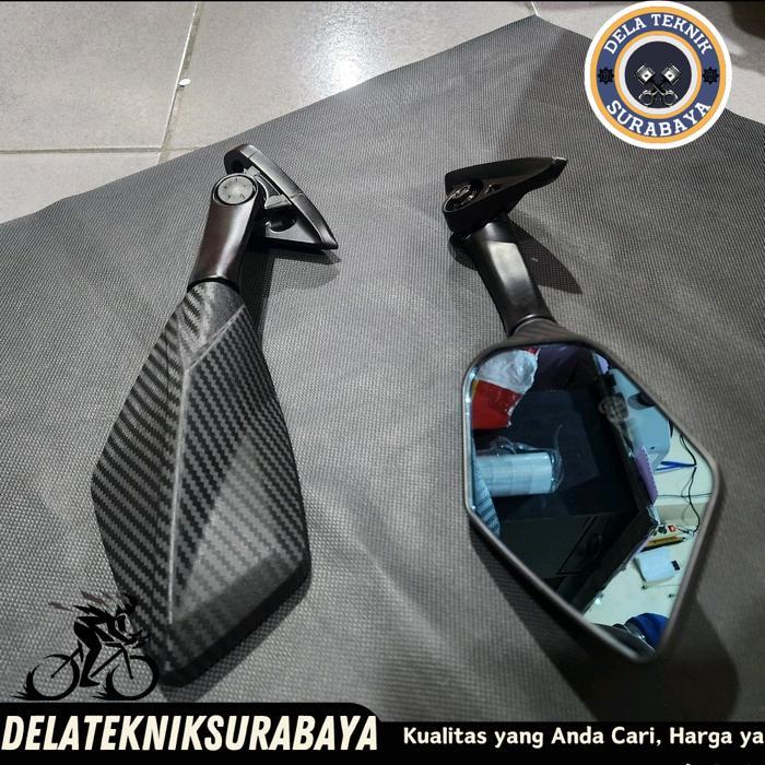 SPION R25 PENDEK, SPION MOTOR FAIRING PENDEK DAUN MOTIF KARBON KACA MOTORCYCLE SPORTY BY DELATEKNIKS