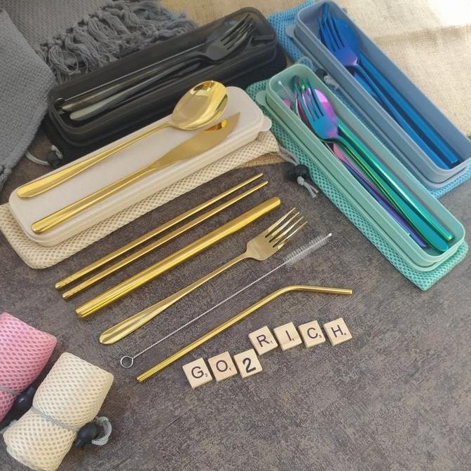 Sendok Set Sendok Korea Set Garpu Sumpit Pisau Sedotan Stainless Steel