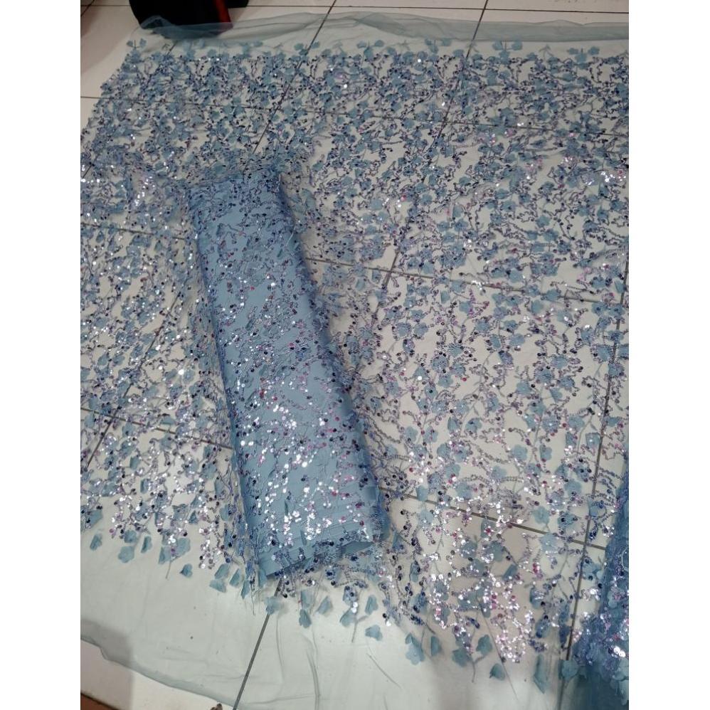 Bahan Kain Tille Squin Spangel Bunga 3D Timbul/Tulle Payet Bahan Kebaya Wanita
