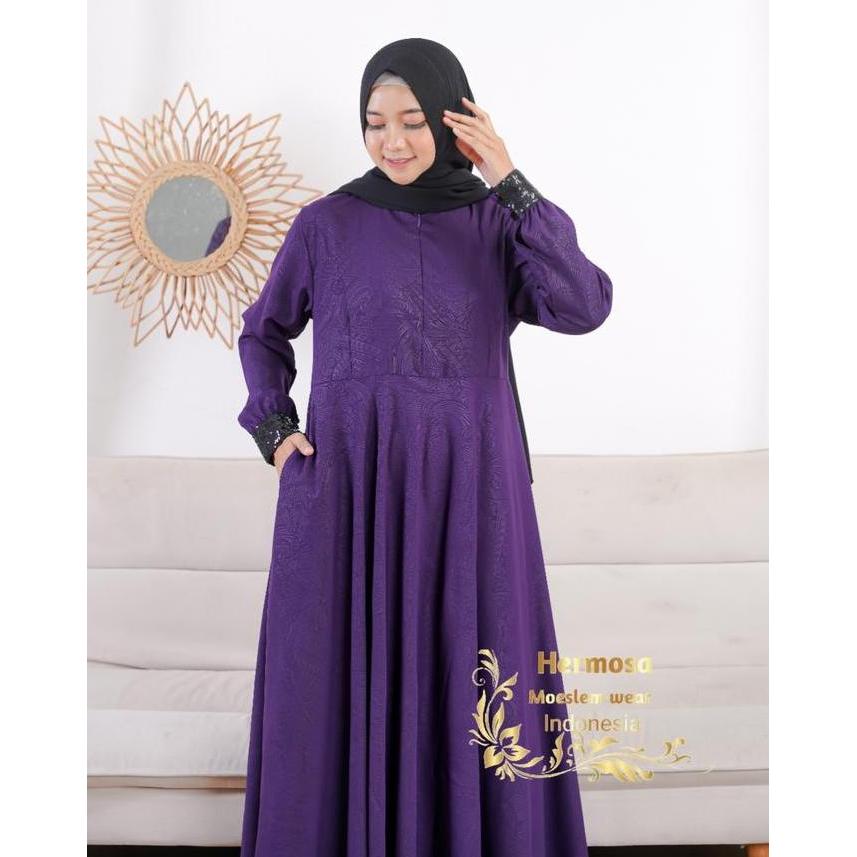 [Gamis hermosa] Gamis hermosa embos motif Indian manset squin ungu tua-gamis ungu tua syari premium-