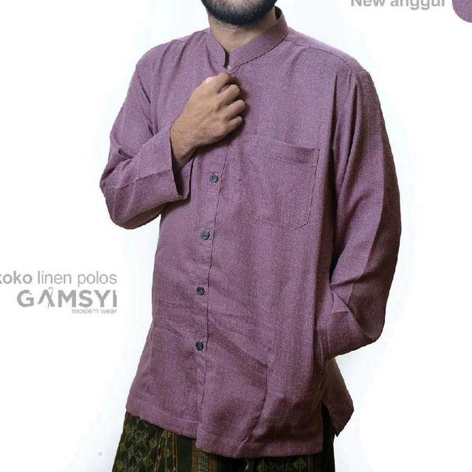 Baju koko linen polos habaib kerah samghai/ Koko Gamsyi lengan panjang Putih Muslim Pria Casual Nyam