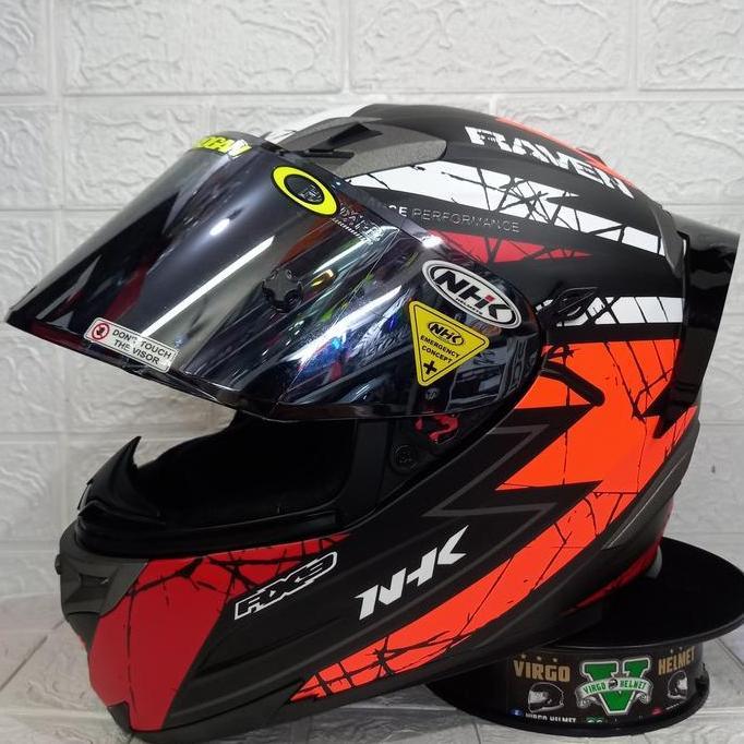 HELM NHK RX9 MOTIF RAVEN BLACK RED FLUO DOF PAKET GANTENG DOUBLE VISOR