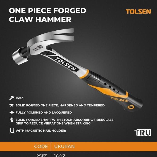 Professional One Piece Forged Claw Hammer Palu Kambing 16Oz Magnetic Nail 25171 Tolsen