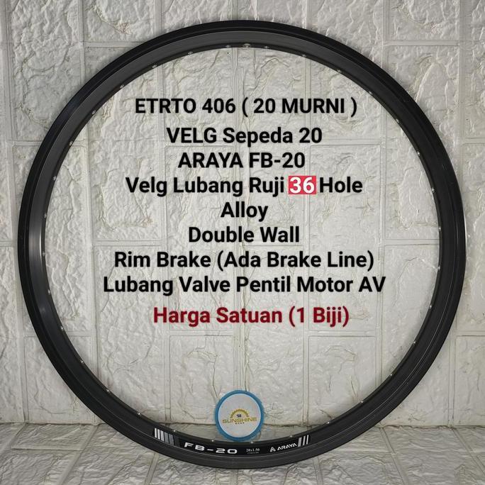 Promo Rims Velg 20 Murni 36H Araya Fb20 Etrto 406 Double Wall Brake Line Valve Av Full Black Sepeda 