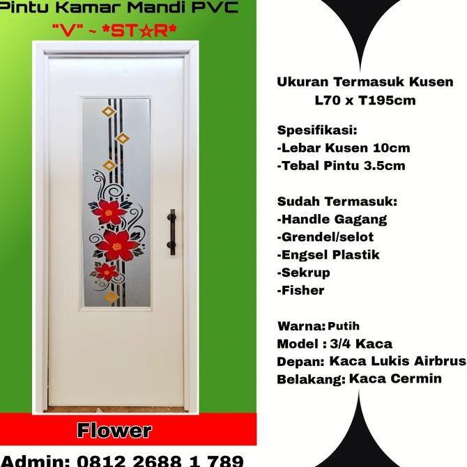 Pintu Kamar Mandi PVC Tebal-V Star-Luar Kaca Lukis Tengah-Dalam Cermin-Flower-Putih CO
