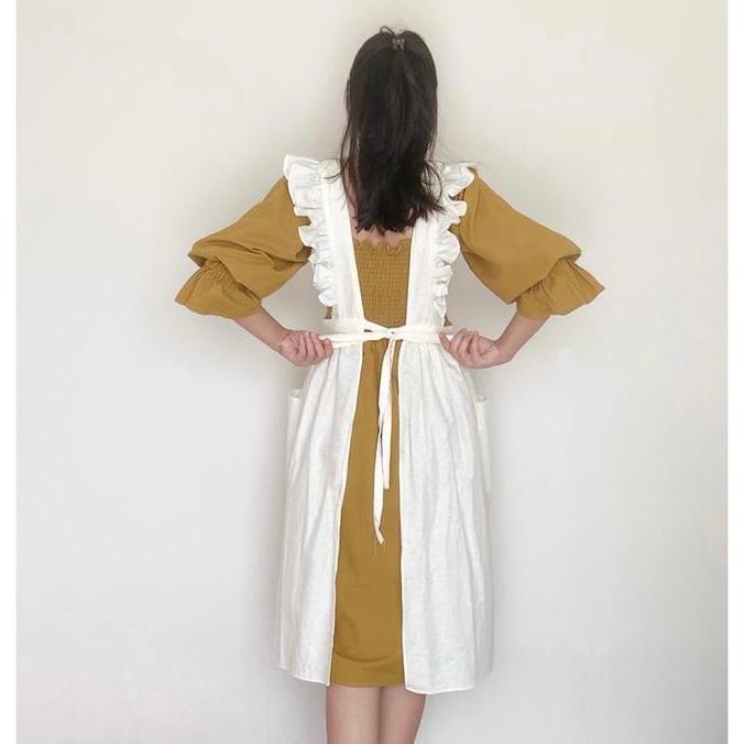 Elle Ruffle Apron / Apron Linen / Celemek Korea Jepang / Pinafore Cottagecore