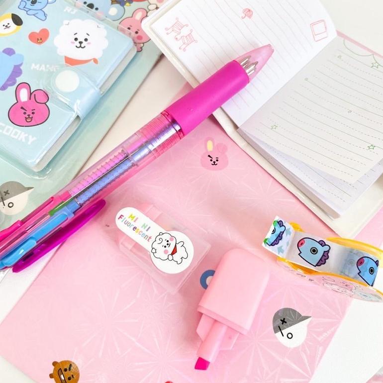 1 Set Alat Tulis 4In1 Buku Pulpen Highlighter Tape Bts Notebook Bt21 Murah Ready