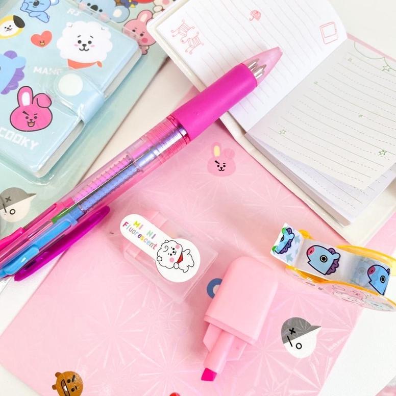 1 Set Alat Tulis 4In1 Buku Pulpen Highlighter Tape Bts Notebook Bt21 Murah Stock