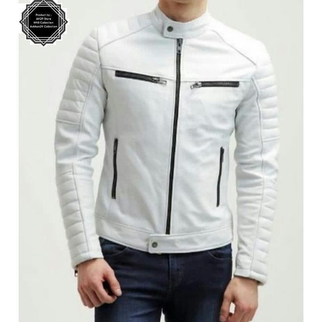Jaket Motor Pria Kulit Sintetis Putih Keren/Jaket Motor/Fashion Pria
