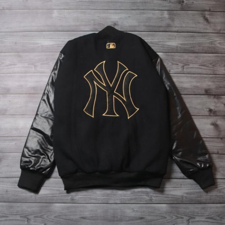 JAKET BASEBALL VARSITY MLB NY LOGO FULL BORDIR GOLD - JAKET VARSITY NEW YORK YANKEES MLB LOGO NY BOR