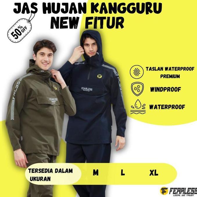 Jas Hujan Fearless Anti Bocor saku kantung Kangguru new fitur Setelan Pria Wanita dewasa raincoat an