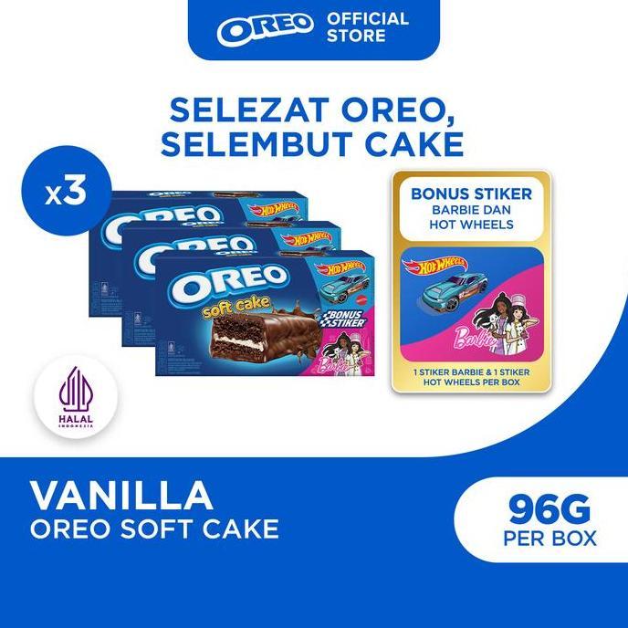 Oreo Soft Cake 96G (Paket Isi 3), Kue Bolu Cokelat Dengan Krim Rasa Vanila Bonus Stiker Barbie & Hot