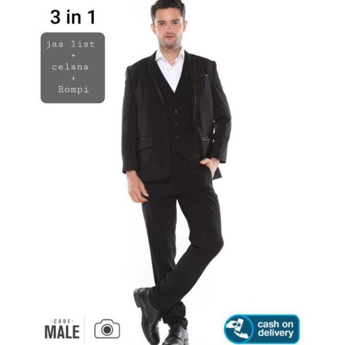 Code Male 3In1 Kombo Produk Jas Kerah List Kancing2, Celana Pria, Vest/Rompi Pria Hitam