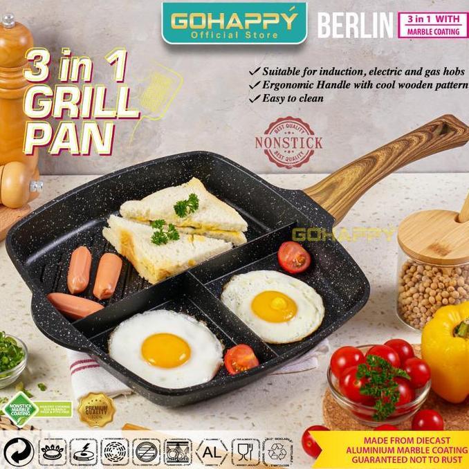 (BONUS CAPITAN 58RB) Gohappy Panci Panggang 3 sekat besar GO HAPPY BERLIN PANCI FRYING 3 SISI MULTI 