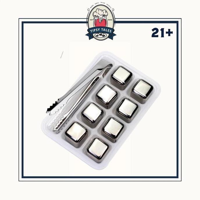 Ice Cube Es Batu Kotak Besi Stainless Steel 8 Pcs + Penjepit Es CO