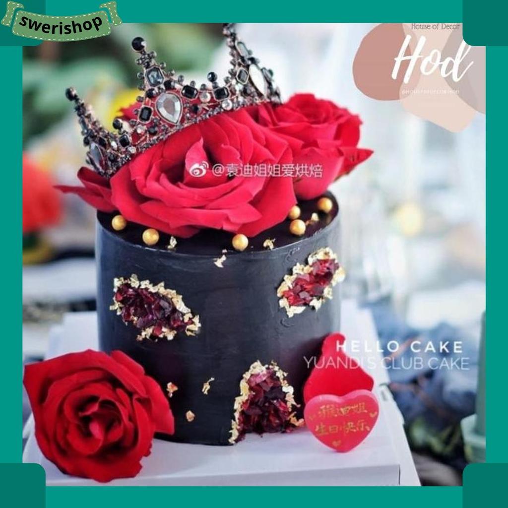 Viral Topper Bold Crown Black Silver Dark Gold Hiasan Birthday Cake Tiara Hitam Mahkota Kristal Warn