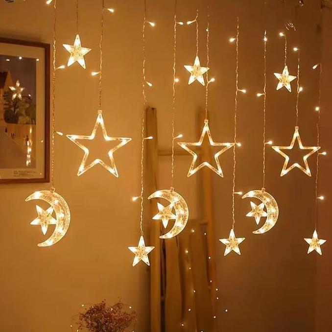 4M Lampu Tirai Bulan Bintang Besar Lampu Tirai Ketupat Bintang Bulan Sabit Dekorasi Ramadan