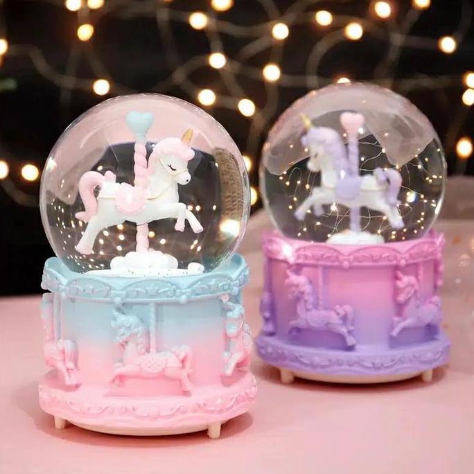 Kotak Musik Little Pony Snowball Kuda Unicorn Lampu Bola Kristal Salju Music Box Carousel Unicorn Me