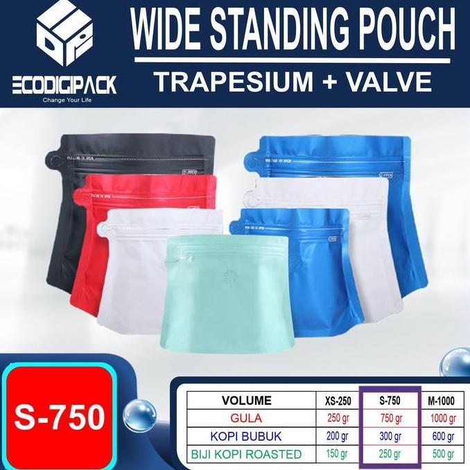 Terlaris Kemasan Kopi 250 Gram Trapesium Standing Pouch Valve S-750 Zipper Packaging Coffee Bag Prem