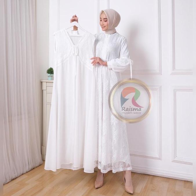 Promo Raisma - Laila Gamis Syar'I Wanita Putih Tulang Lebaran Cantik Dan Elegan Whit Outwear Brokat 