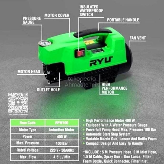 MESIN CUCI AC JET CLEANER RYU RPW100 DAYA LISTRIK 400 WATT/ CUCI MOTOR MOBIL HIGH PRESSURE WASHER RY