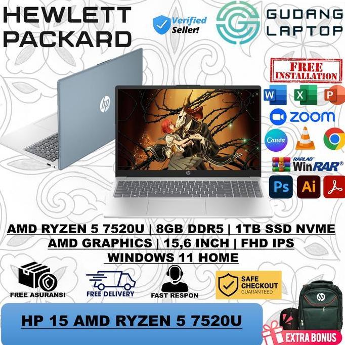 Terlaris Laptop Gaming Hp 15 Amd Ryzen 5 7520U Ram 16Gb 512Gb Ssd Fhd Win 11