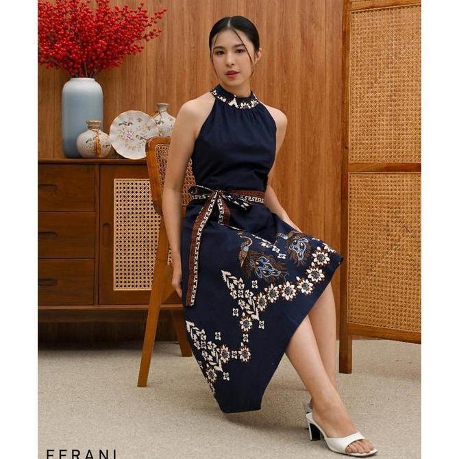 Evercloth Ferani Dress Batik Turtle Neck Halter Cheongsam Qipao Sleeveless Asimetris Terusan Batik M