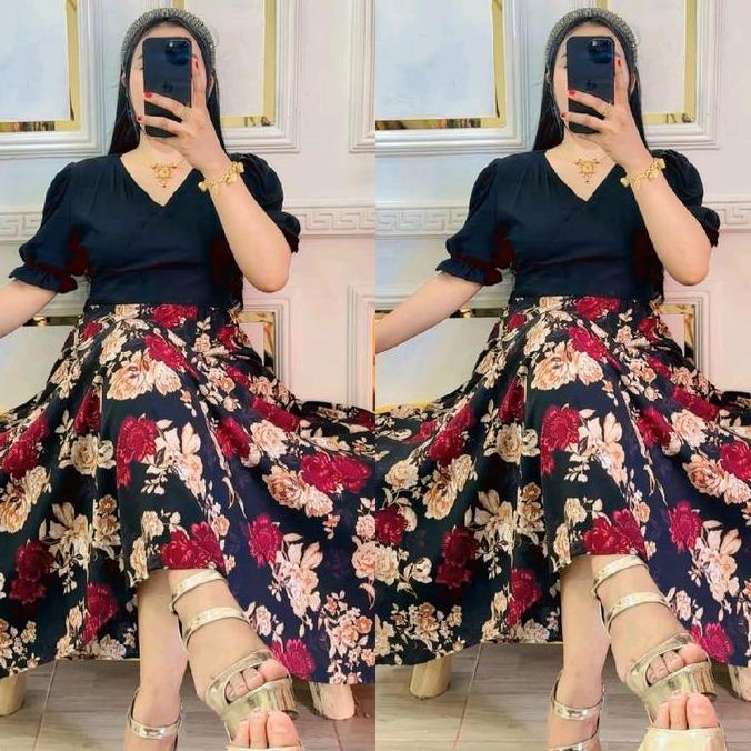 Dress Baju Casual Wanita Kimono Haruka Katun Rayon Motifpolos Kombi Bunga Panjang Midi