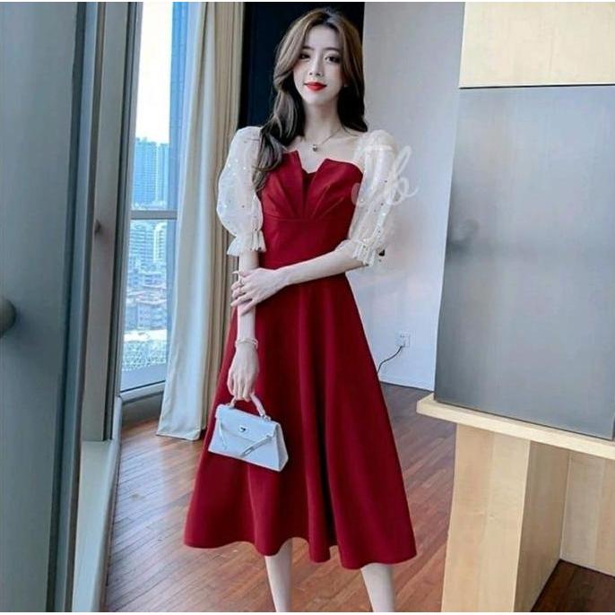 Dress Korean Style Wanita Lengan 3/4 Model Balon Gelembung Gliter Baju Pesta Cewek Korea Gaun Kondan