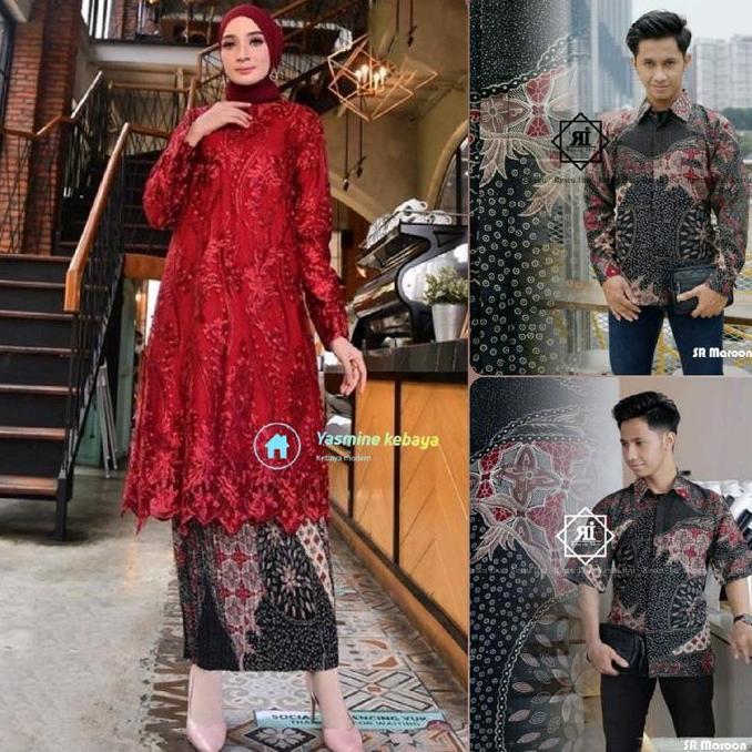 Baju Couple Tunik Tille Mutiara Merah Maroon Set Rok Plisket Batik Wanita Pasangan Kemeja Batik Pria