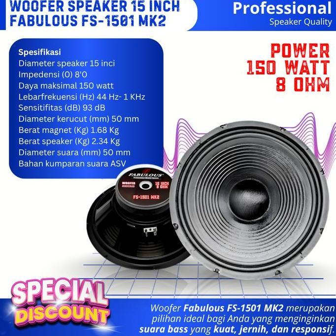 Subwoofer Speaker 15 Inch Fabulous Fs-1501 Mk2 Power 150 Watt 8 Ohm Woofer 15 Inch Double Coil Kompo