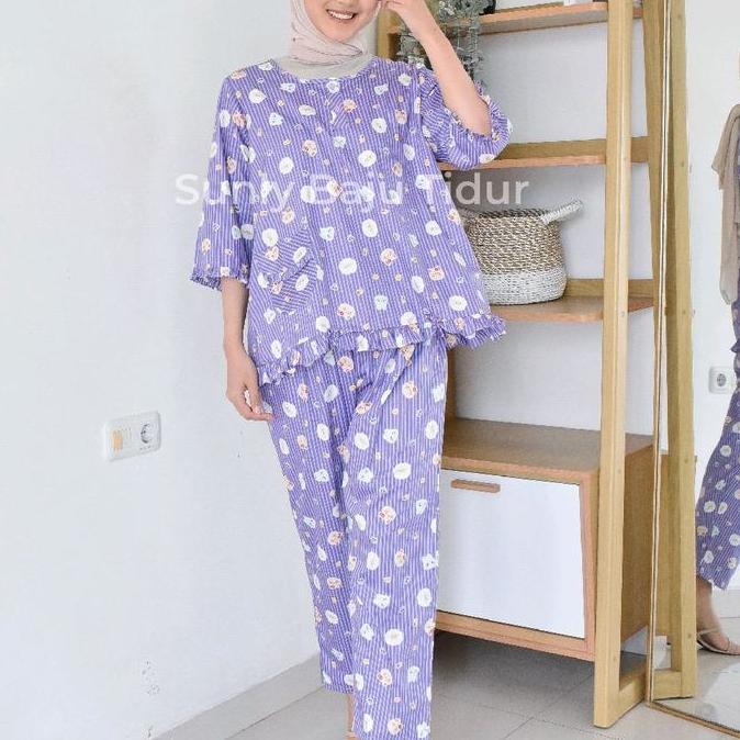 Baju tidur Sunly size 2L lengan 3/4 celana panjang bahan katun adem Piyama
