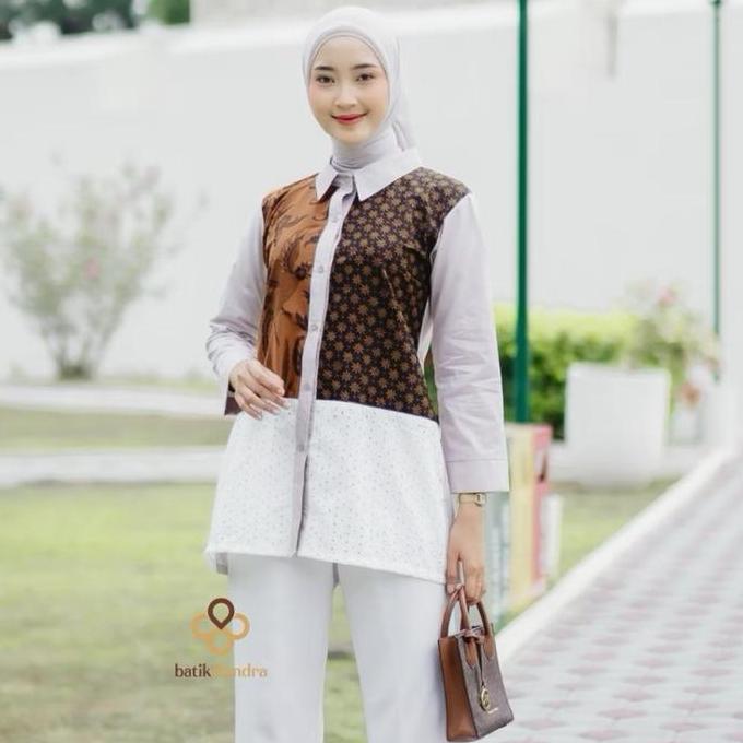 Blouse atasan batik modern kombinasi batik sogan batik merah putih