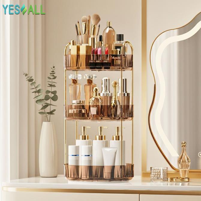 YESALL Rak Kosmetik Putar 1 2 3 Susun Rak Skincare Aesthetic Gold PET Transparan Serbaguna Dapur & M
