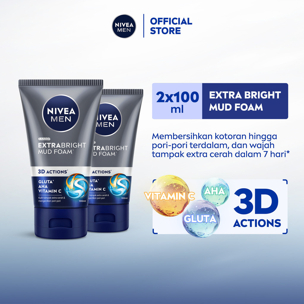 (PAKET HEMAT ISI 2) NIVEA MEN Mud Foam Extra Bright Mud Foam 100ml - Sabun cuci muka pria mencerahka