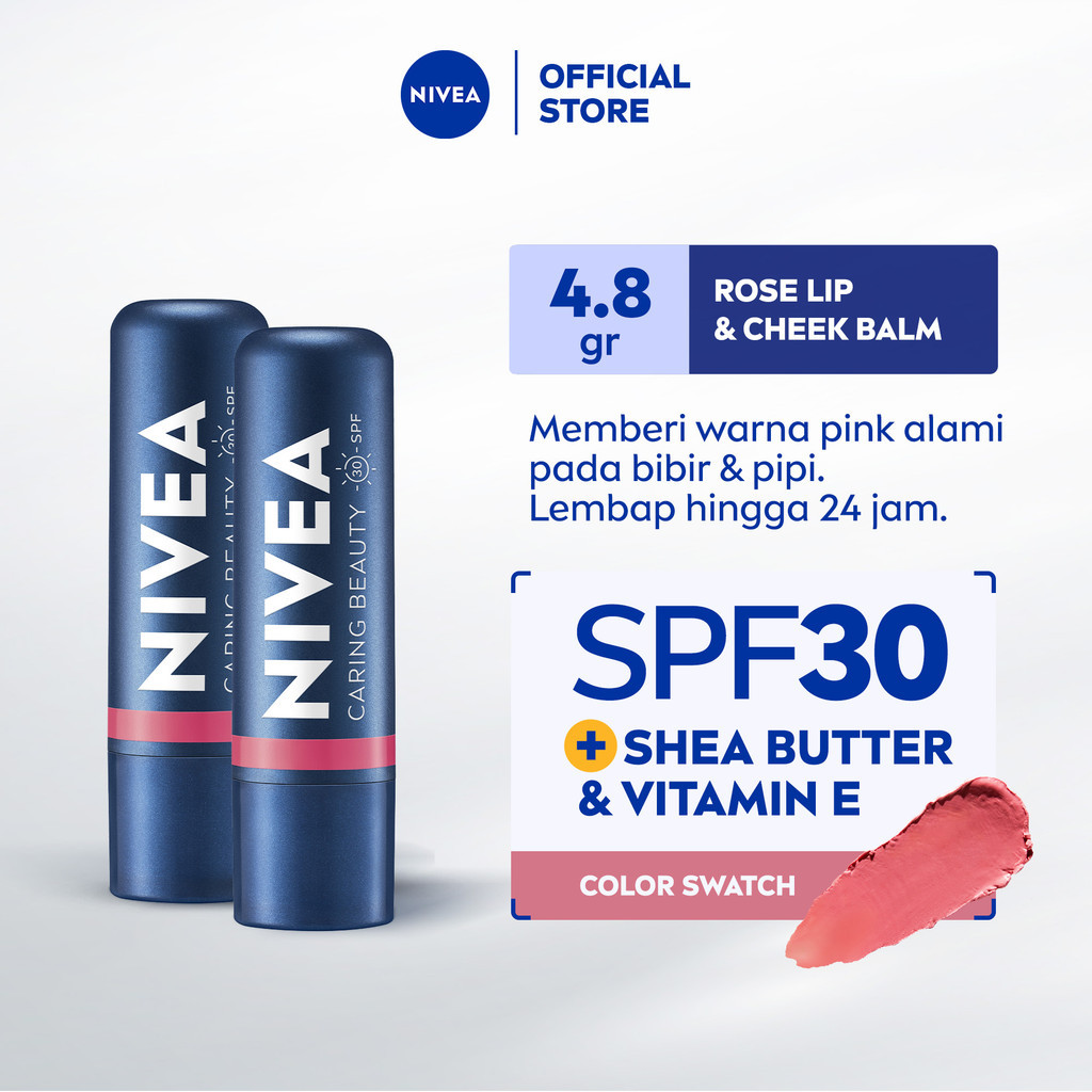 (PAKET HEMAT ISI 2) NIVEA Lip Balm Caring Color Rose 3 in 1 SPF 30 4.8gr - Pelembap bibir warna pink