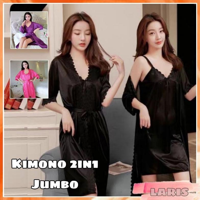 Laris -  Kimono set TRICOT JUMBO wanita XXL / Set 2IN1 kimono lingerie import bahan satin