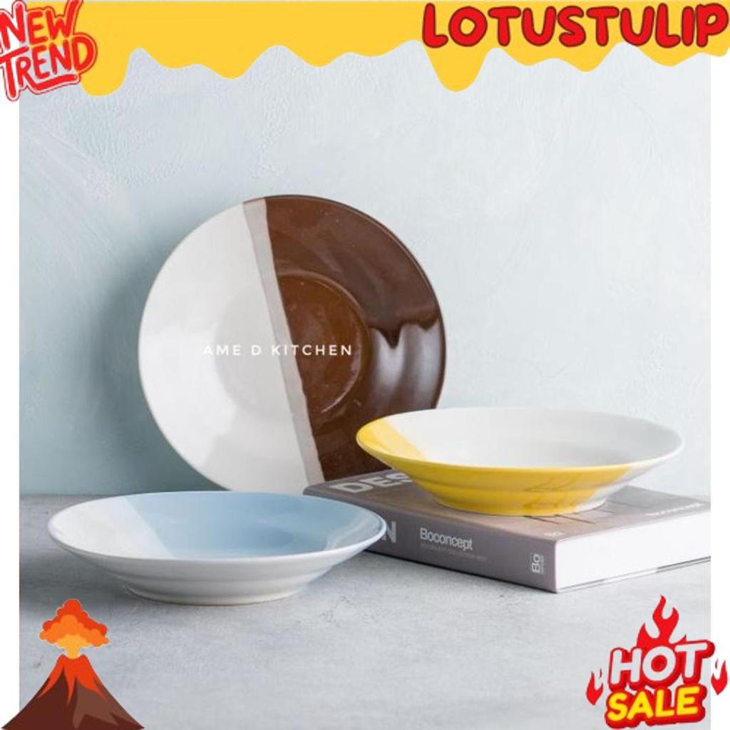 Bigdeal Piring Makan Bijian Keramik 8" Two Tone 2 Warna Coklat/Biru/Pink