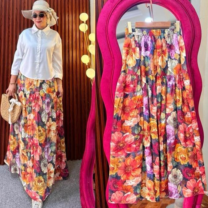 Rok Motif Mewah Bunga/Rok Viral/Rok Rayon/MeidinaNobul Wanita Panjang Katun